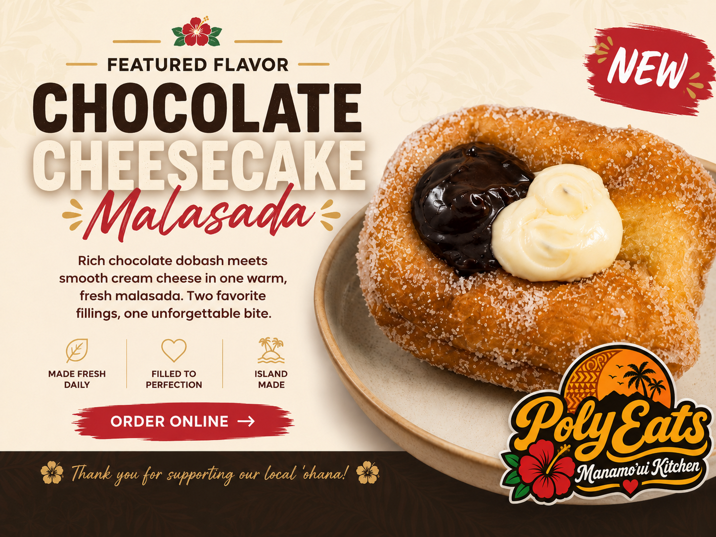 Featured Flavor of the Month poster for the Chocolate Dobash Cream Cheese Malasada