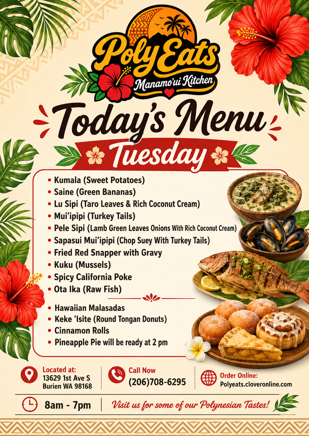 Today's Menu at Poly Eats Manamo'ui Kitchen - real food photos of island specialties, plate lunches, and filled malasadas